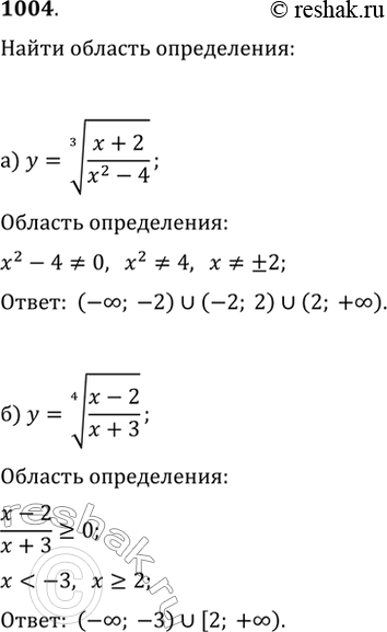  1004.    :) y=((x+2)/(x^2-4))^(1/3);   ) y=((x-3)/(|x|-3))^(1/5);) y=((x-2)/(x+3))^(1/4);   )...