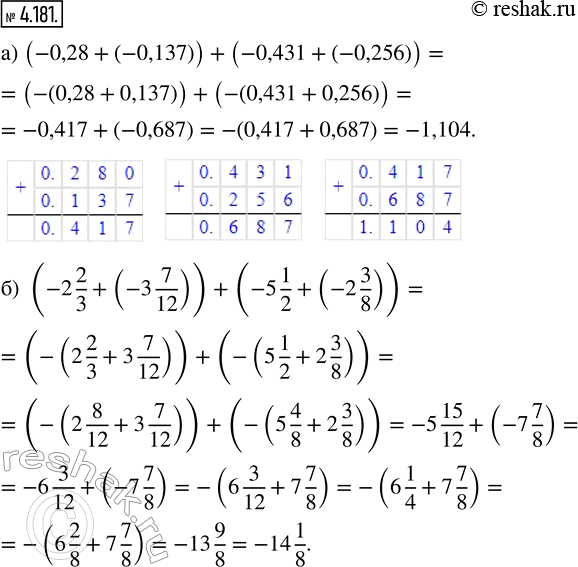  4.181.  :) (-0,28 + (-0,137)) + (-0,431 + (-0,256));) (-2 2/3 + (-3 7/12)) + (-5 1/2 + (-2 3/8)).   ,  ...